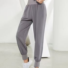 Solid Color High Waist Yoga Fitness Cropped Pants, Breasted Waist Straps Sports Jogging Pants, Women's Activewear (Color: GREY, size: XL(12))