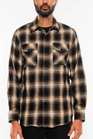 FULL PLAID CHECKERED FLANNEL LONG SLEEVE (Color: KHAKI BLACK, size: XL)